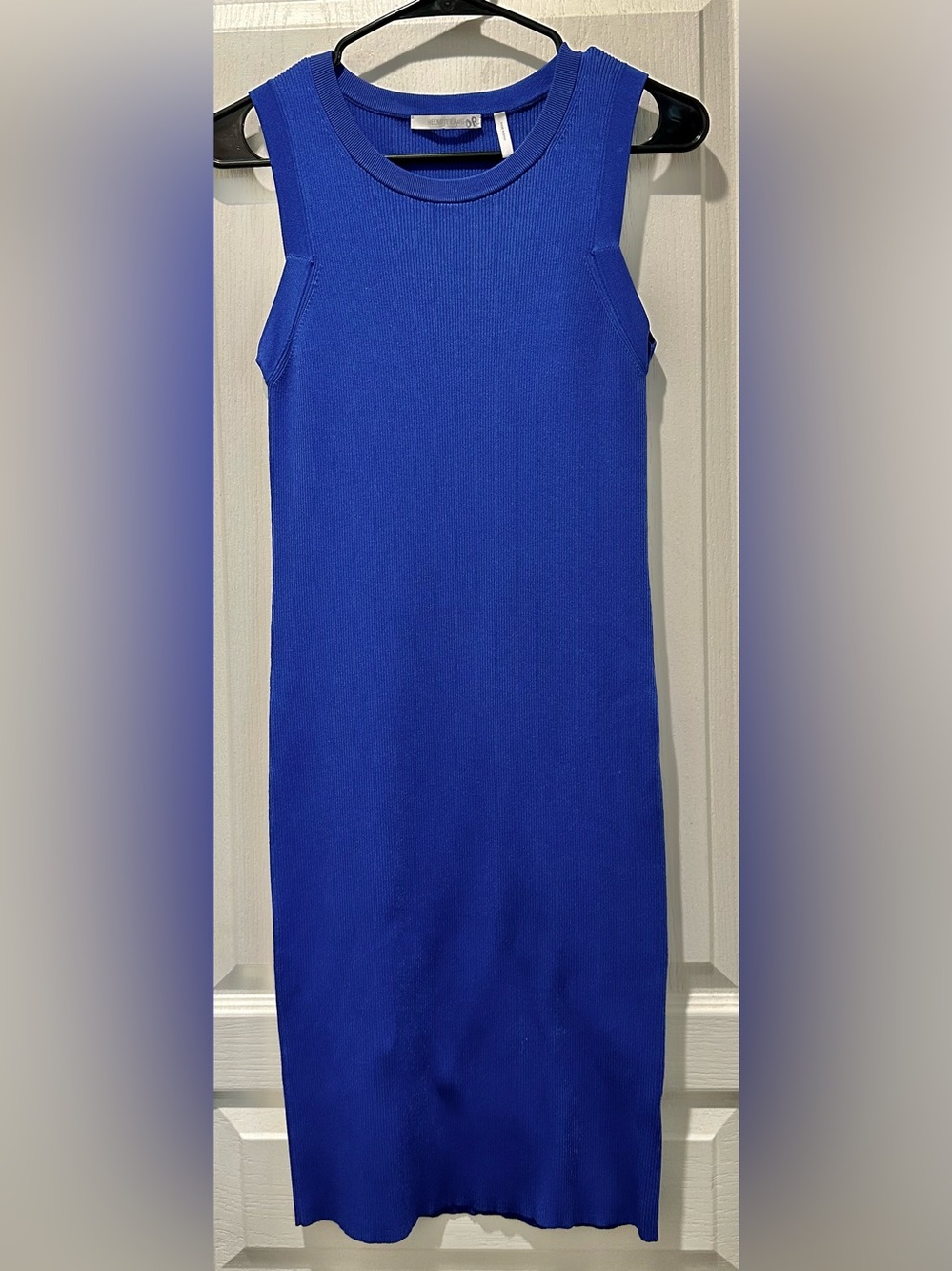 Helmut Lang Sleeveless Crew Neck Bodycon Knit Dress in Azurite Blue - Picture 2 of 12